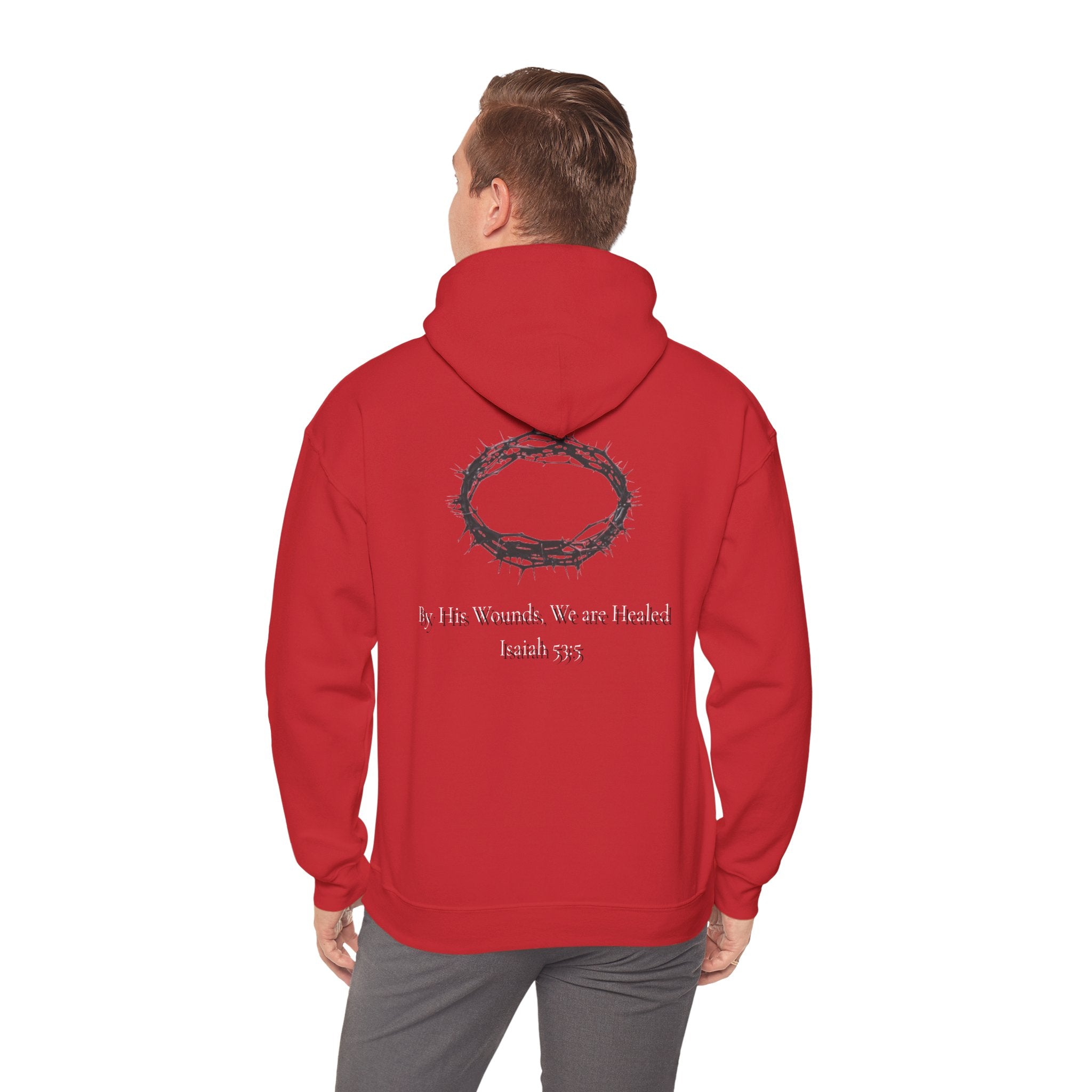 Cross Hoodie with Crown of Thorns — "By His Wounds We Are Healed" Isaiah 53:5 Religious Pullover