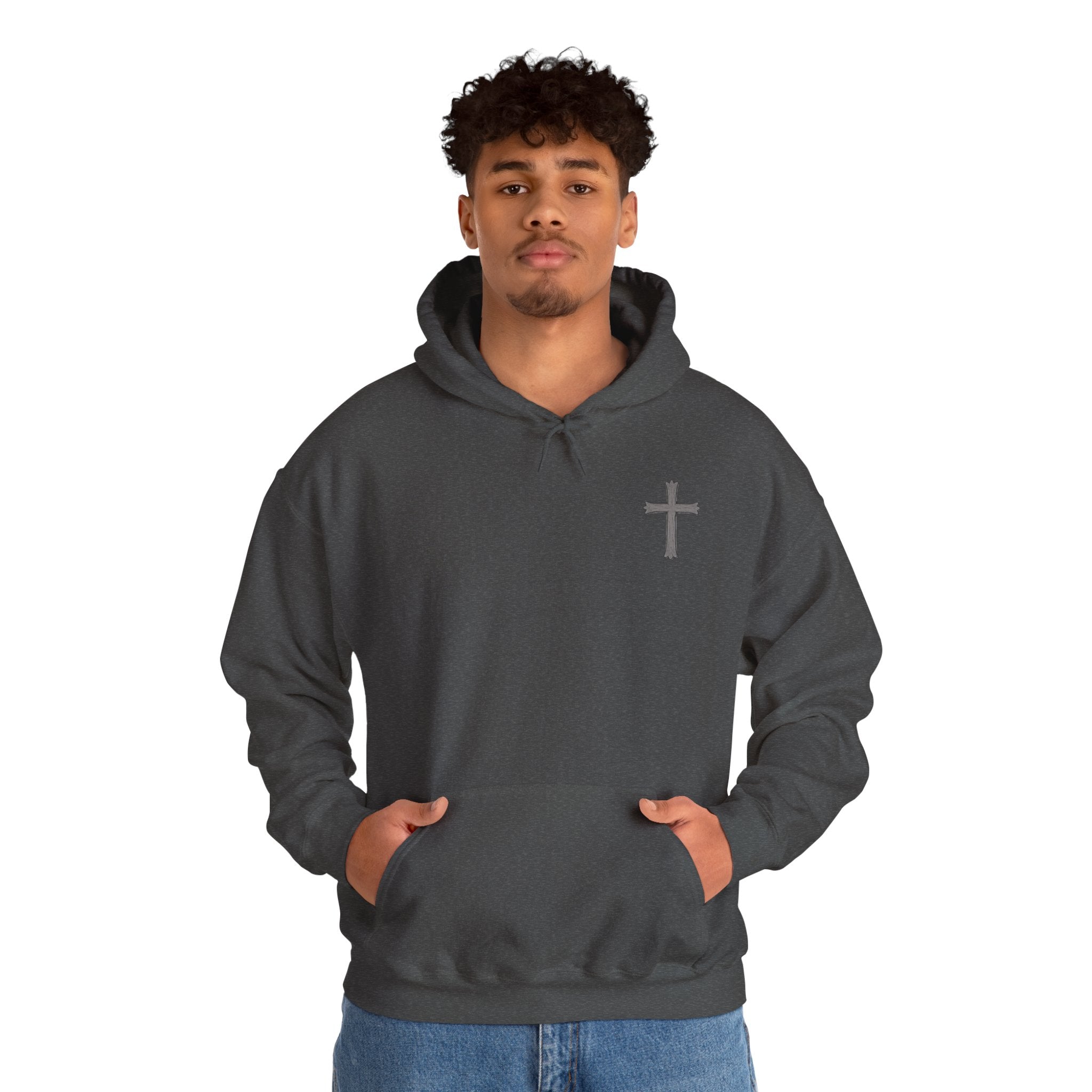 Cross Hoodie with Crown of Thorns — "By His Wounds We Are Healed" Isaiah 53:5 Religious Pullover