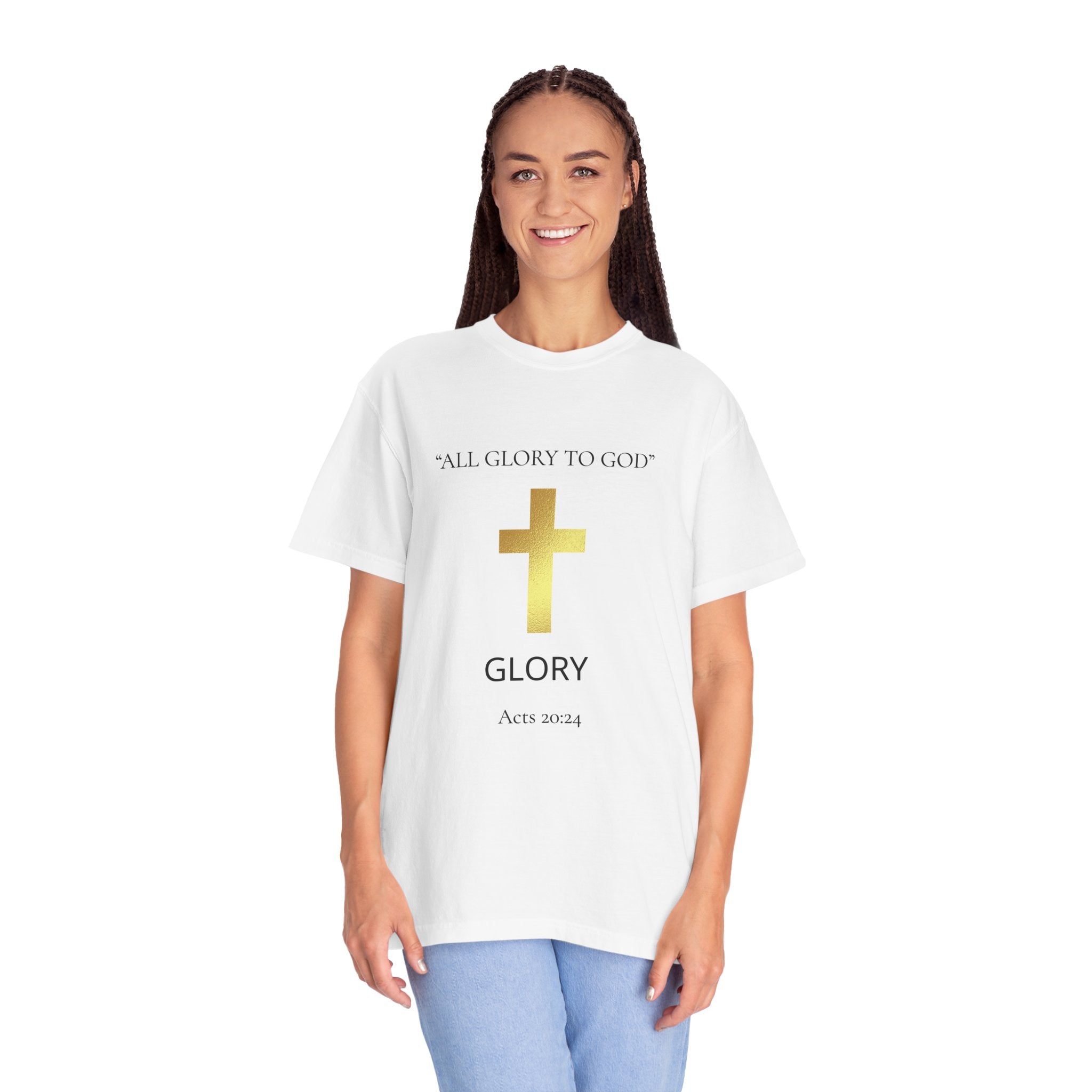 Gold Cross T-Shirt — "All Glory to God" Inspirational Scripture Tee (Acts 20:24)