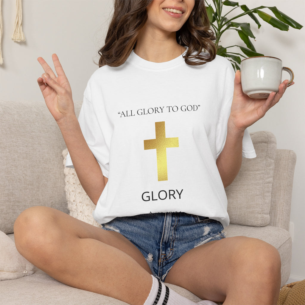 Gold Cross T-Shirt — "All Glory to God" Inspirational Scripture Tee (Acts 20:24)