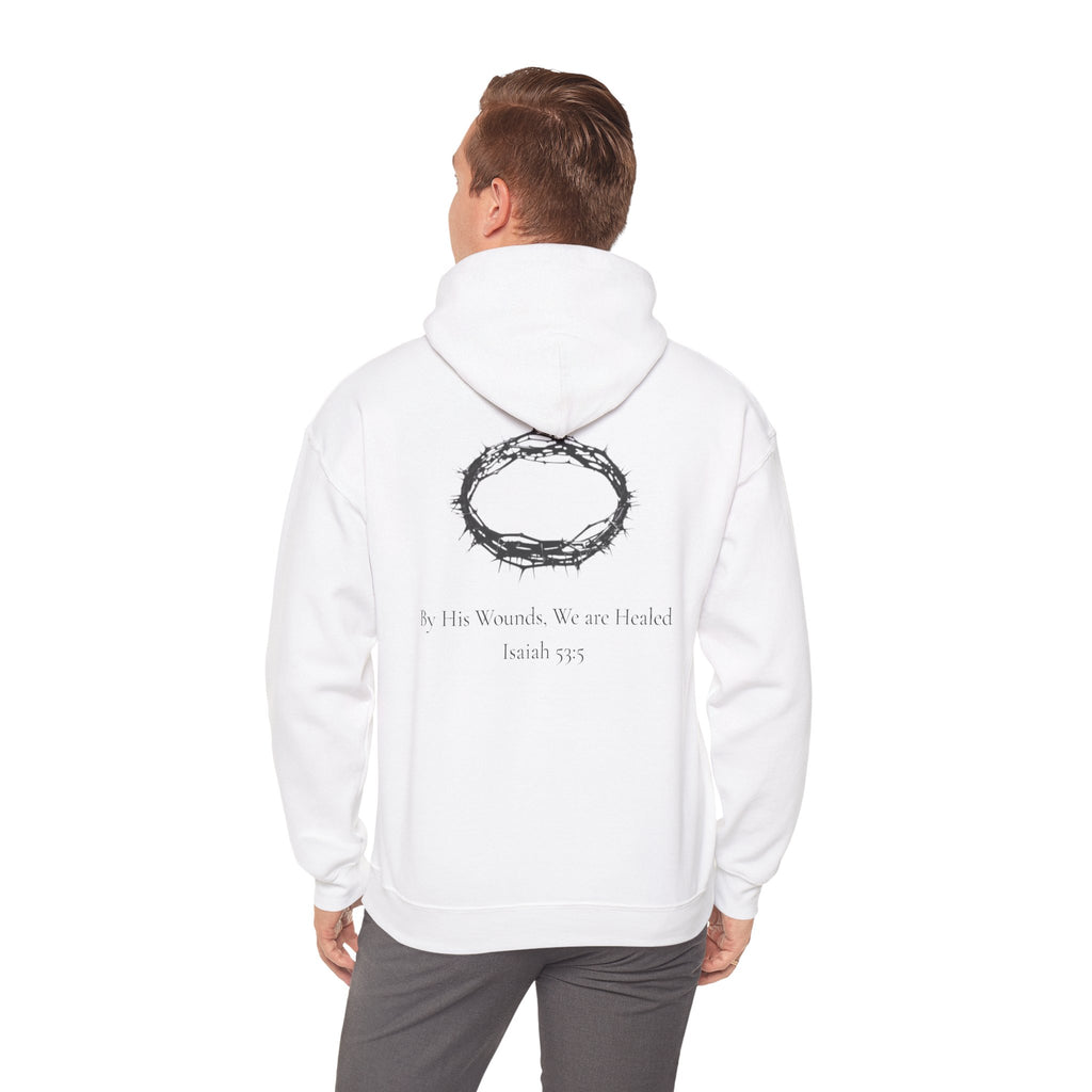 Cross Hoodie with Crown of Thorns — "By His Wounds We Are Healed" Isaiah 53:5 Religious Pullover