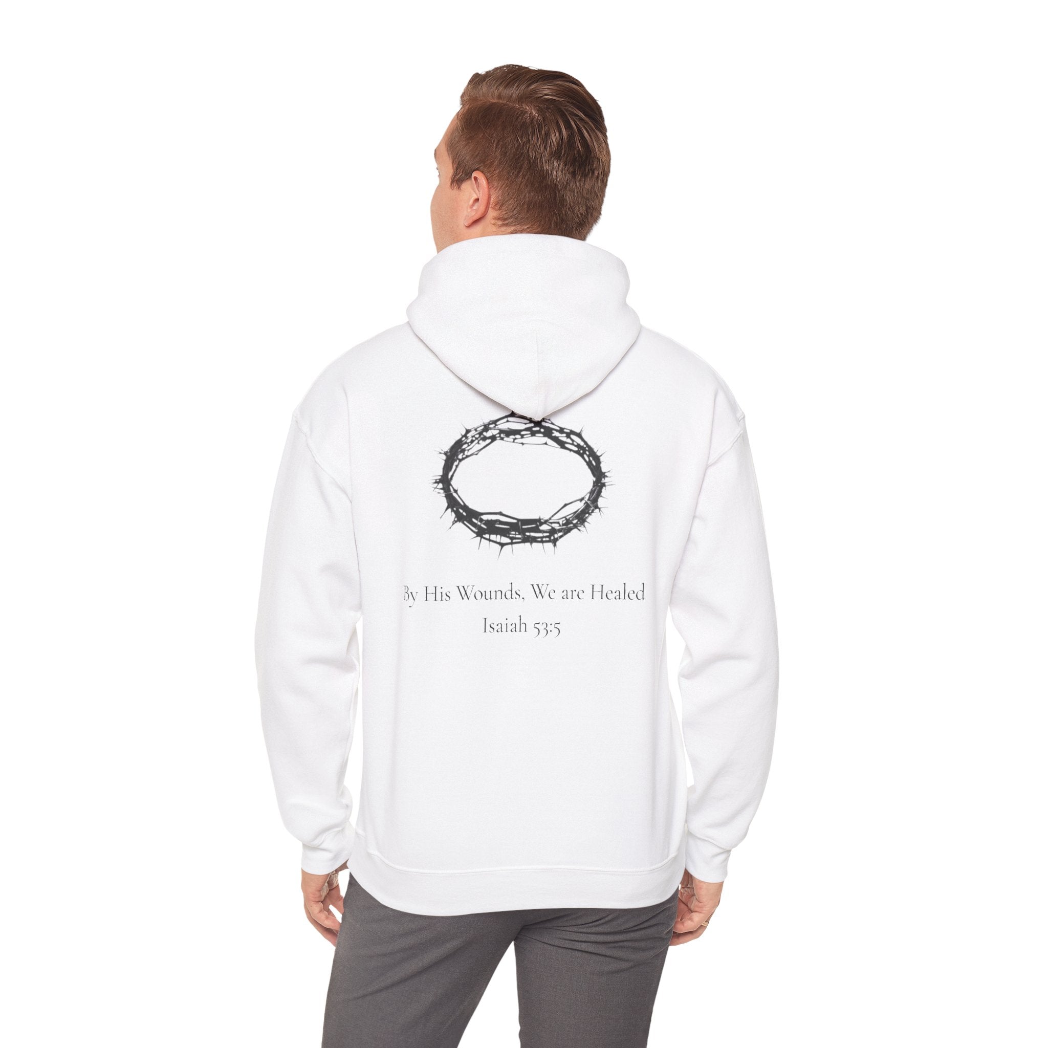 Cross Hoodie with Crown of Thorns — "By His Wounds We Are Healed" Isaiah 53:5 Religious Pullover