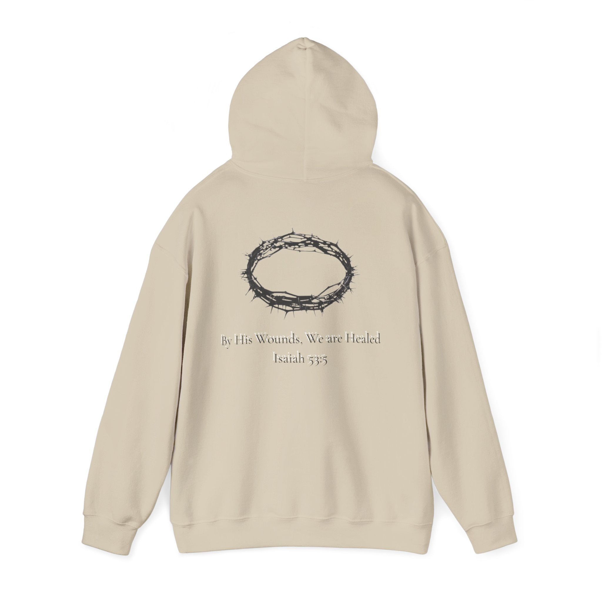 Cross Hoodie with Crown of Thorns — "By His Wounds We Are Healed" Isaiah 53:5 Religious Pullover