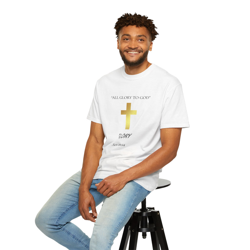 Gold Cross T-Shirt — "All Glory to God" Inspirational Scripture Tee (Acts 20:24)