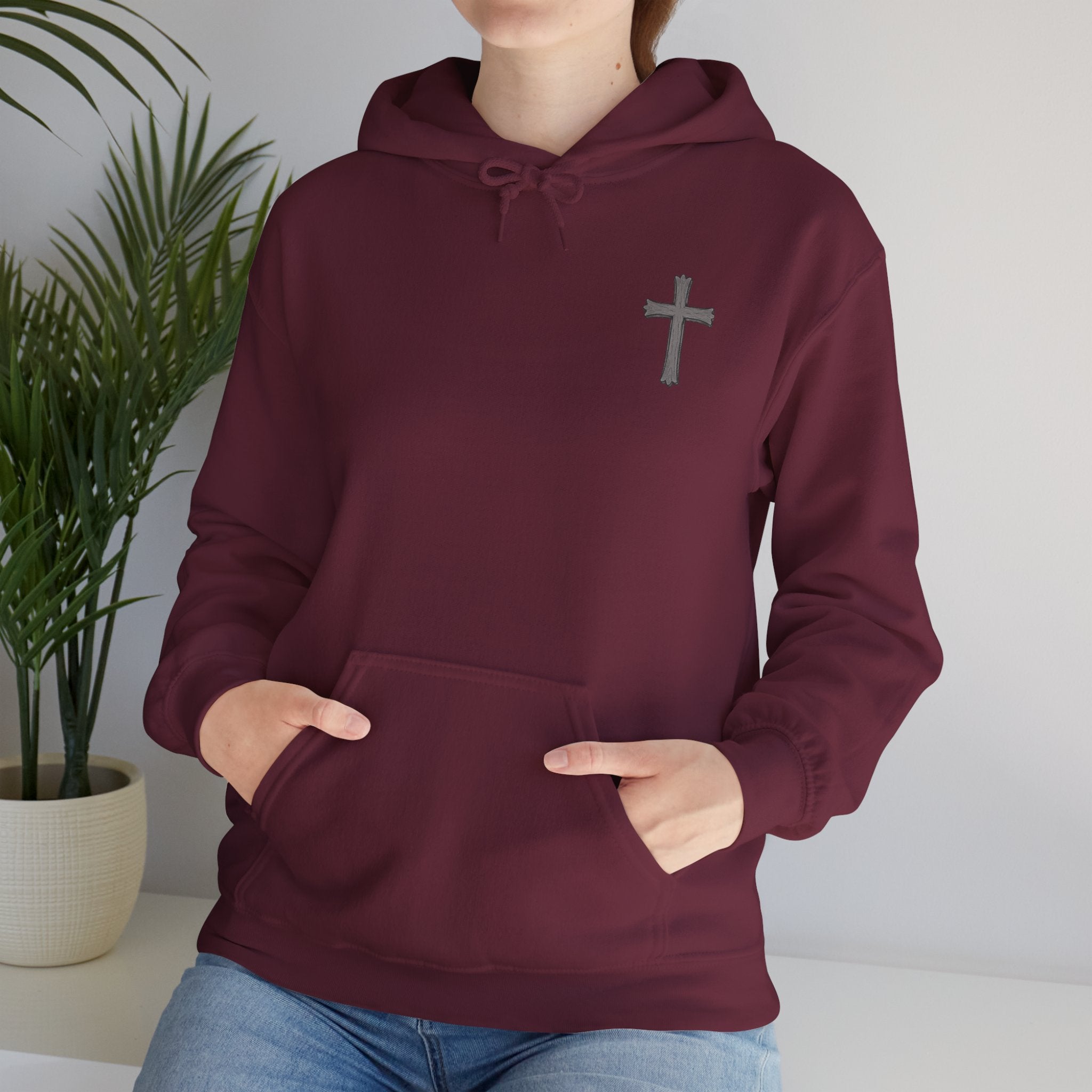 Cross Hoodie with Crown of Thorns — "By His Wounds We Are Healed" Isaiah 53:5 Religious Pullover