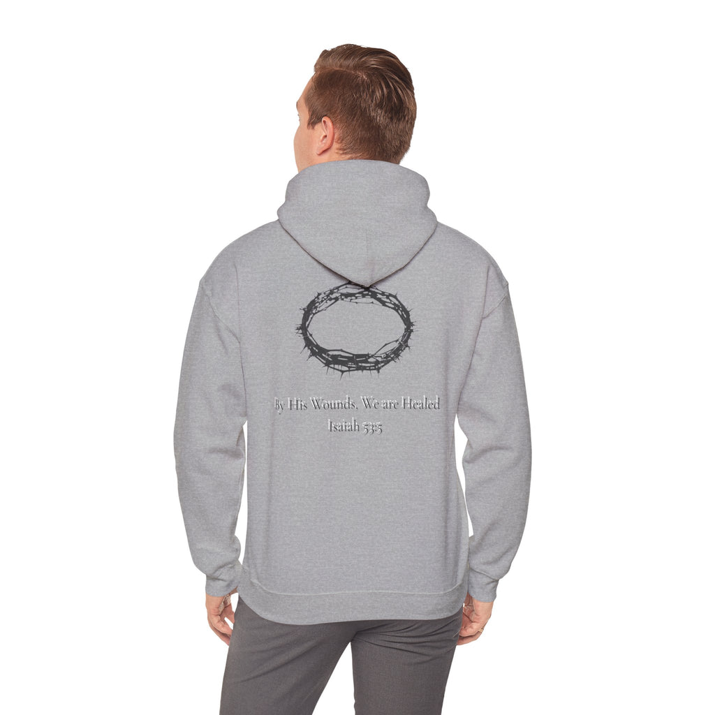 Cross Hoodie with Crown of Thorns — "By His Wounds We Are Healed" Isaiah 53:5 Religious Pullover