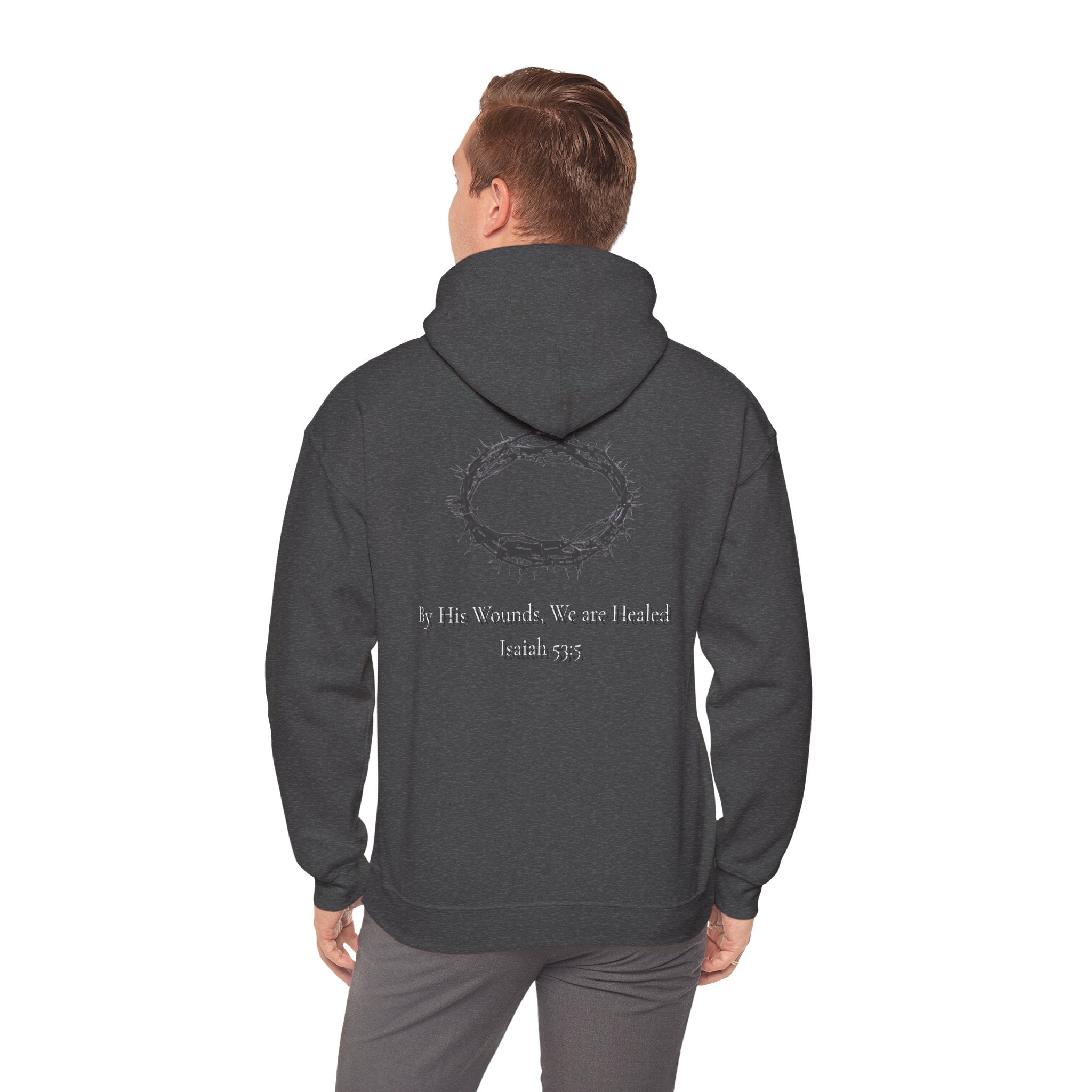 Cross Hoodie with Crown of Thorns — "By His Wounds We Are Healed" Isaiah 53:5 Religious Pullover