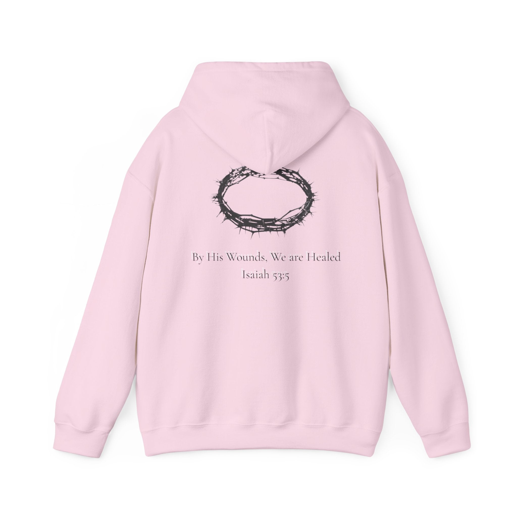 Cross Hoodie with Crown of Thorns — "By His Wounds We Are Healed" Isaiah 53:5 Religious Pullover