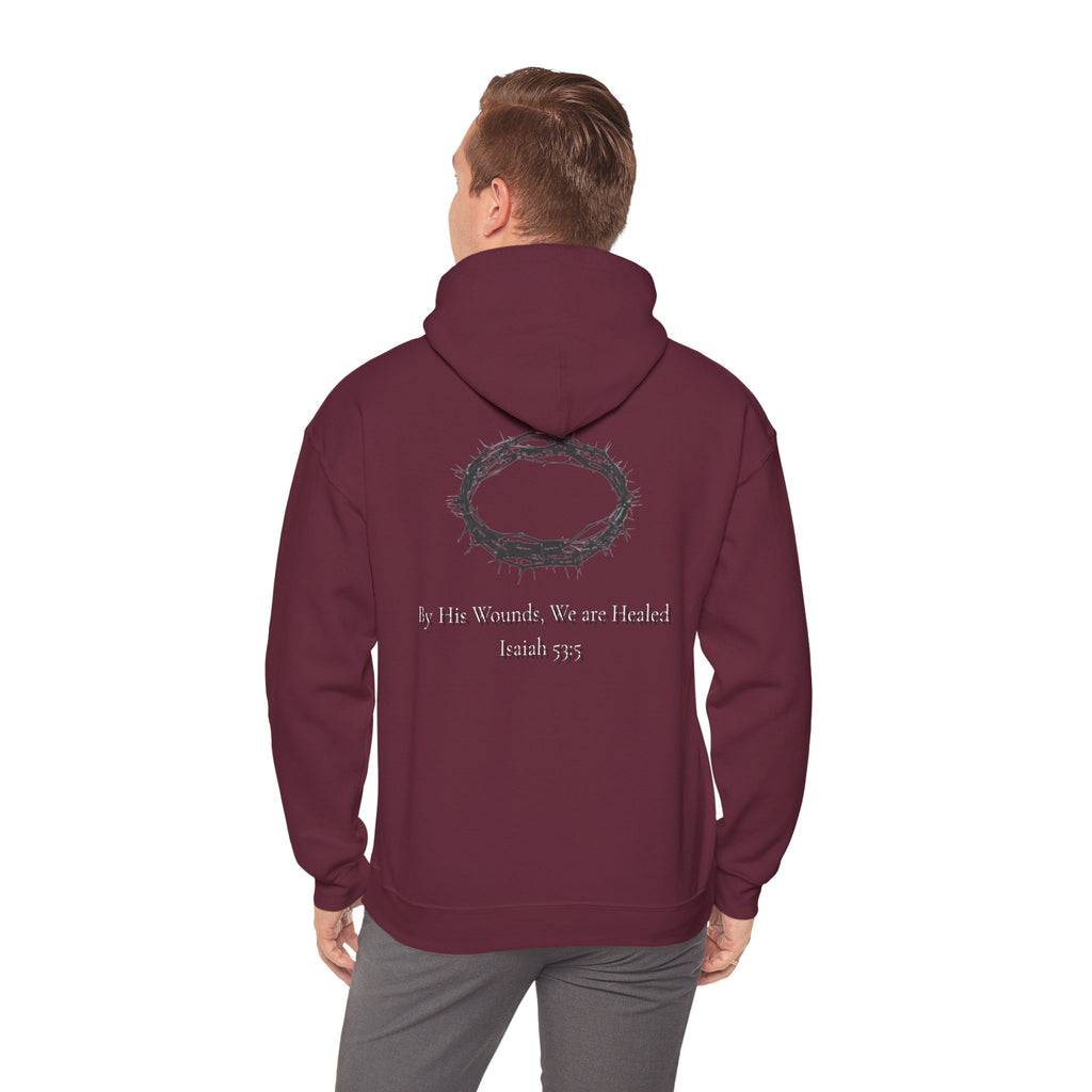 Cross Hoodie with Crown of Thorns — "By His Wounds We Are Healed" Isaiah 53:5 Religious Pullover
