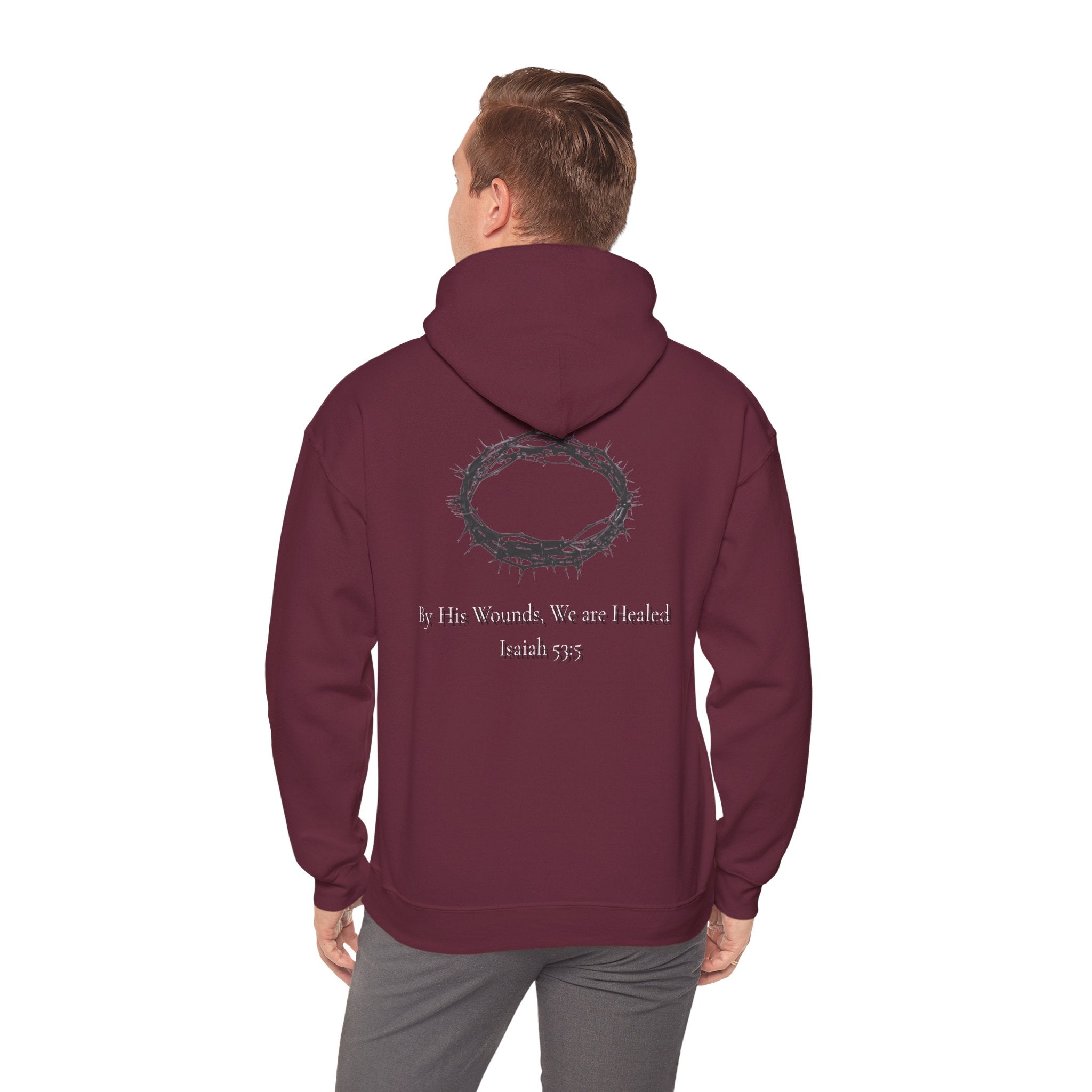 Cross Hoodie with Crown of Thorns — "By His Wounds We Are Healed" Isaiah 53:5 Religious Pullover