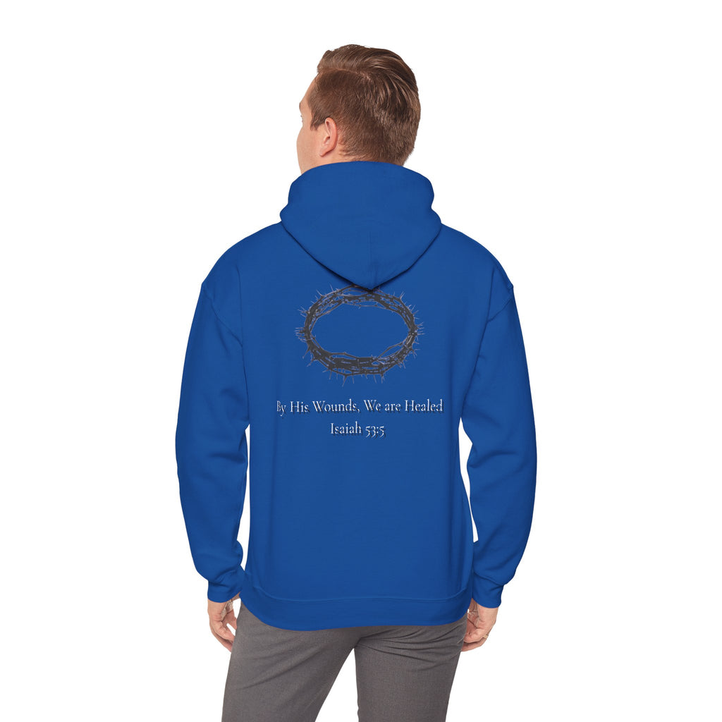 Cross Hoodie with Crown of Thorns — "By His Wounds We Are Healed" Isaiah 53:5 Religious Pullover