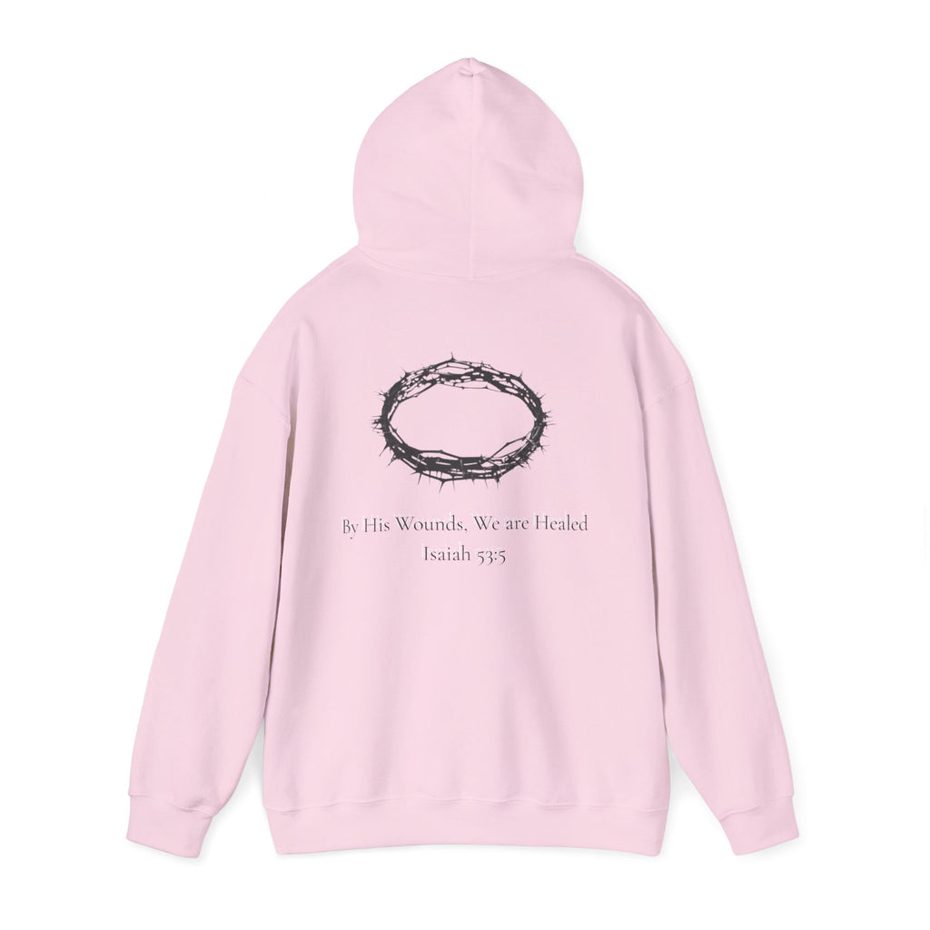 Cross Hoodie with Crown of Thorns — "By His Wounds We Are Healed" Isaiah 53:5 Religious Pullover