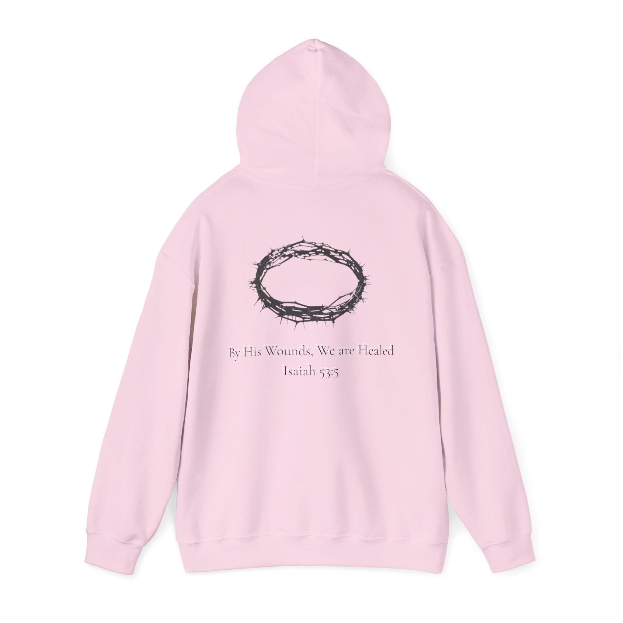 Cross Hoodie with Crown of Thorns — "By His Wounds We Are Healed" Isaiah 53:5 Religious Pullover