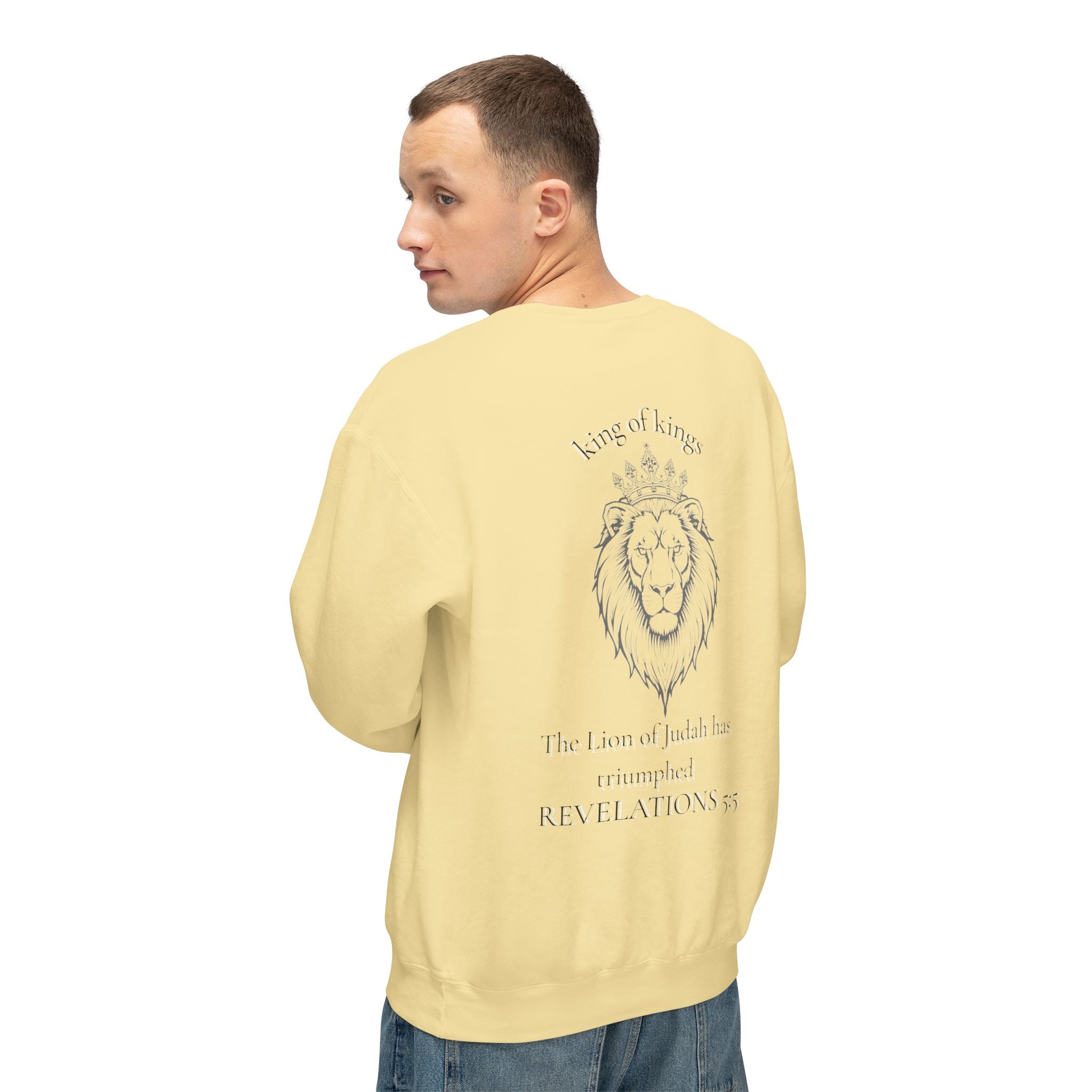 Lion Crewneck Sweatshirt — "King of Kings" Bible Verse Design