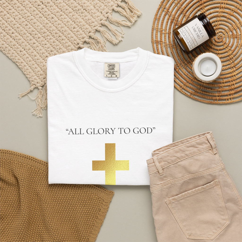 Gold Cross T-Shirt — "All Glory to God" Inspirational Scripture Tee (Acts 20:24)