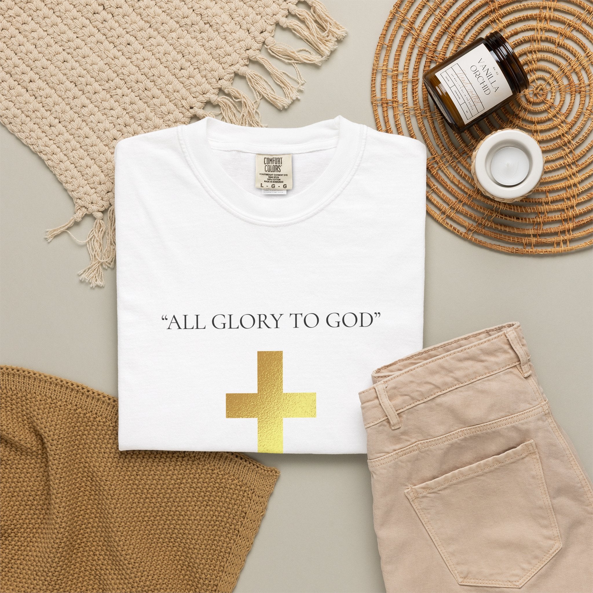Gold Cross T-Shirt — "All Glory to God" Inspirational Scripture Tee (Acts 20:24)