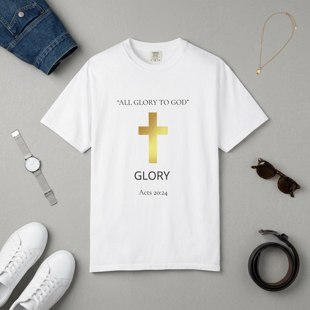 Gold Cross T-Shirt — "All Glory to God" Inspirational Scripture Tee (Acts 20:24)