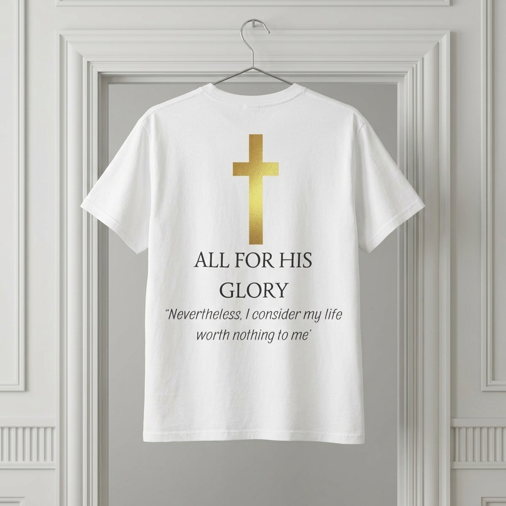 Gold Cross T-Shirt — "All Glory to God" Inspirational Scripture Tee (Acts 20:24)