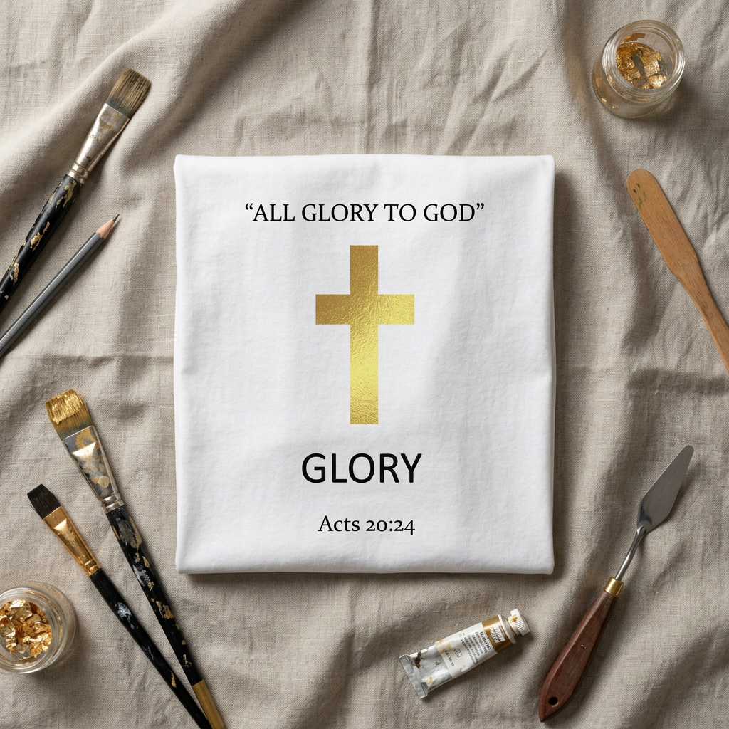 Gold Cross T-Shirt — "All Glory to God" Inspirational Scripture Tee (Acts 20:24)