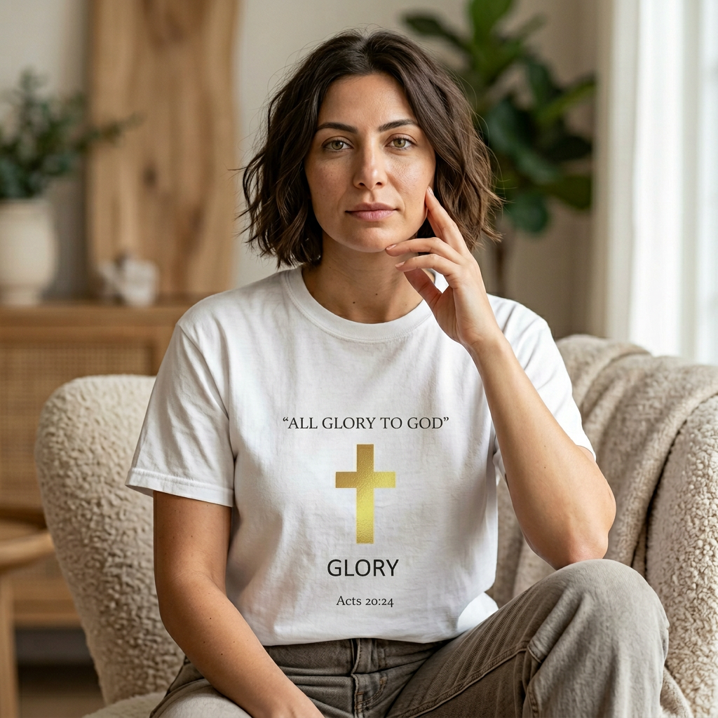 Gold Cross T-Shirt — "All Glory to God" Inspirational Scripture Tee (Acts 20:24)