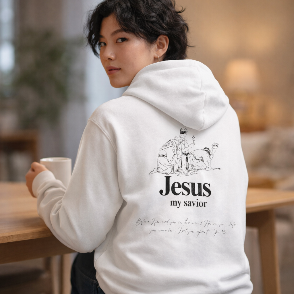 Christian Hoodie — 'Jesus My Savior' Illustrated Lamb & Shepherd Faith Pullover