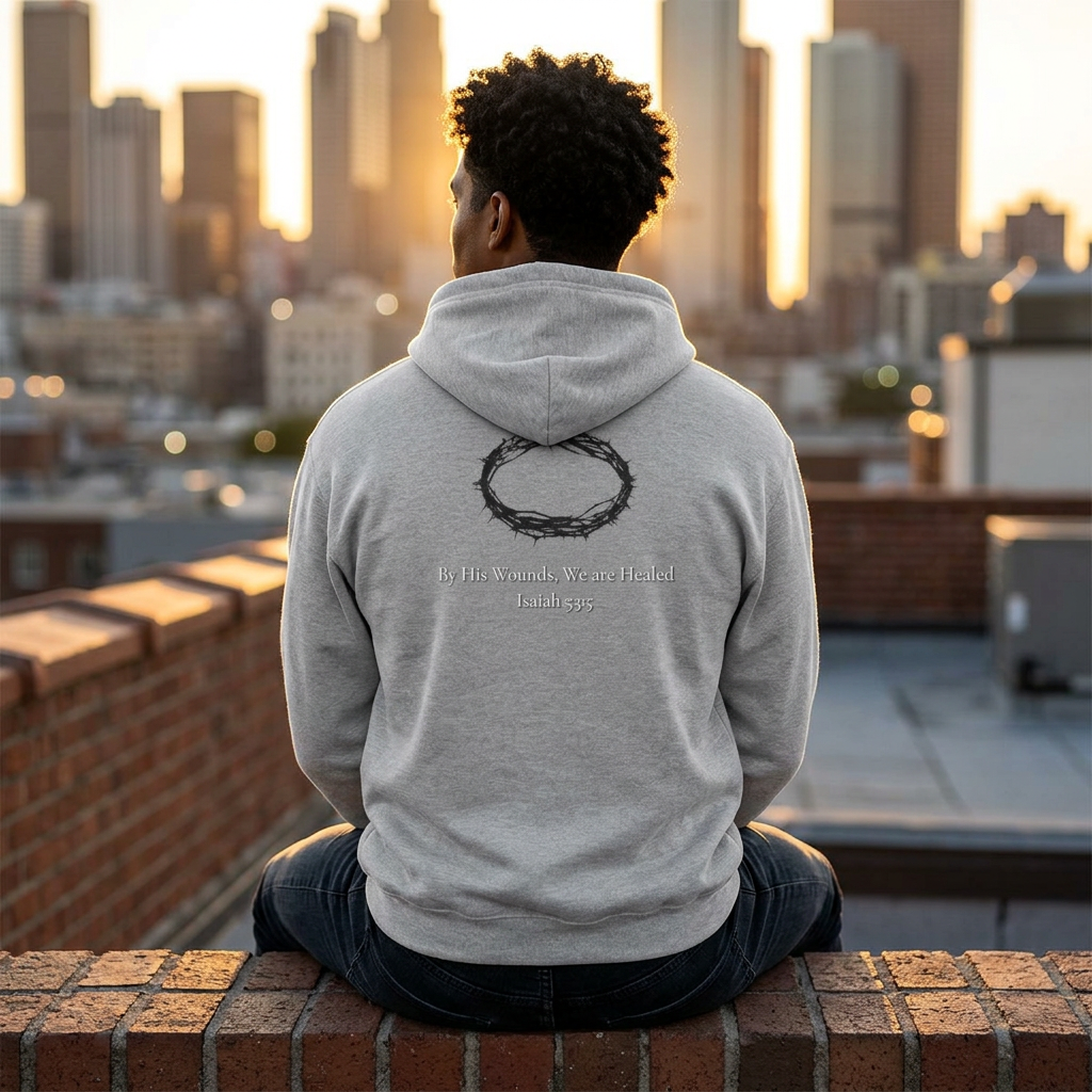 Cross Hoodie with Crown of Thorns — "By His Wounds We Are Healed" Isaiah 53:5 Religious Pullover