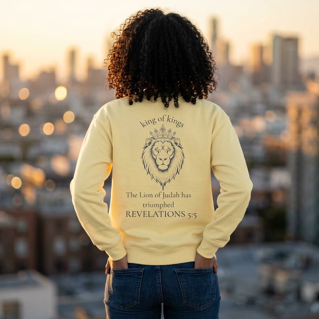 Lion Crewneck Sweatshirt — "King of Kings" Bible Verse Design