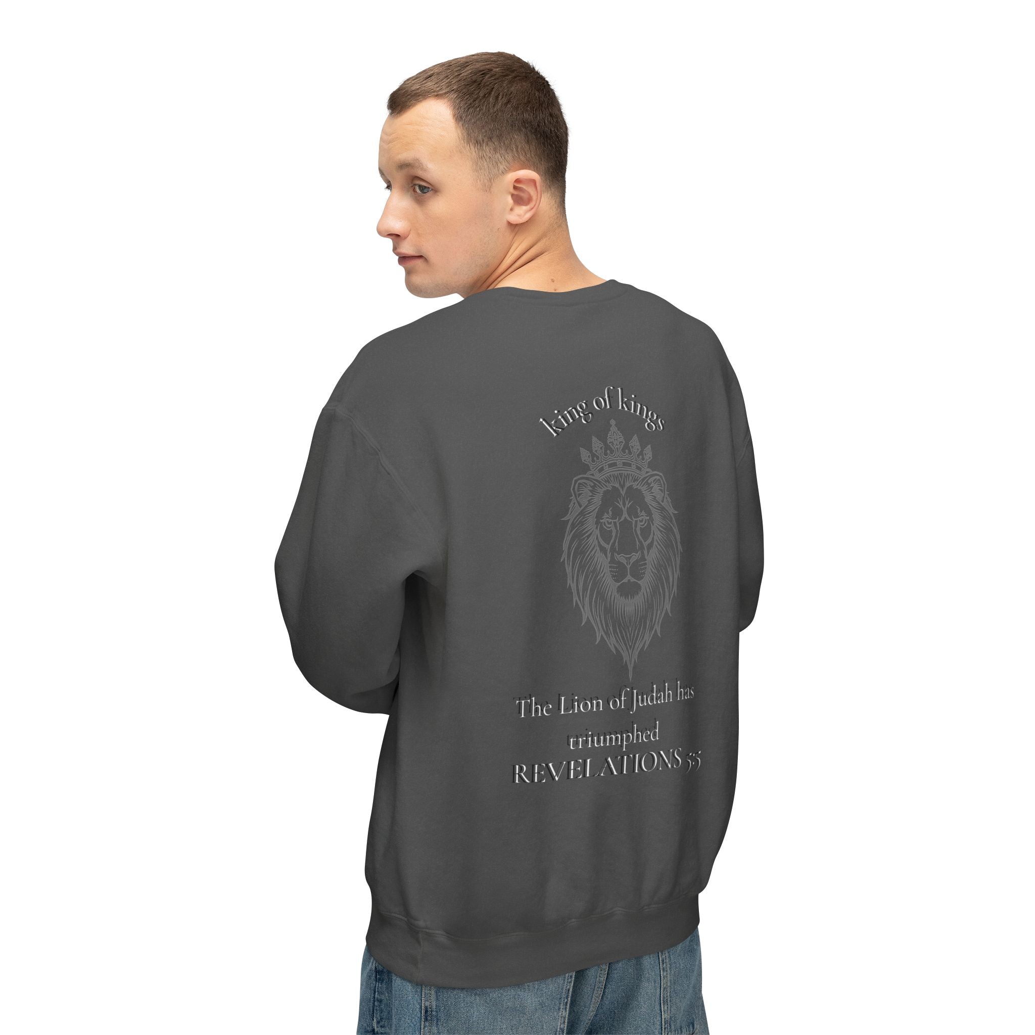 Lion Crewneck Sweatshirt — "King of Kings" Bible Verse Design
