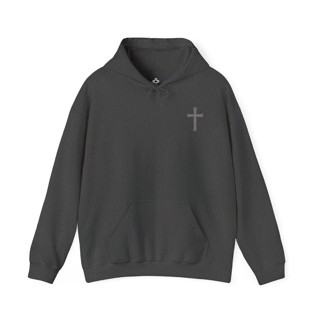 Cross Hoodie with Crown of Thorns — "By His Wounds We Are Healed" Isaiah 53:5 Religious Pullover