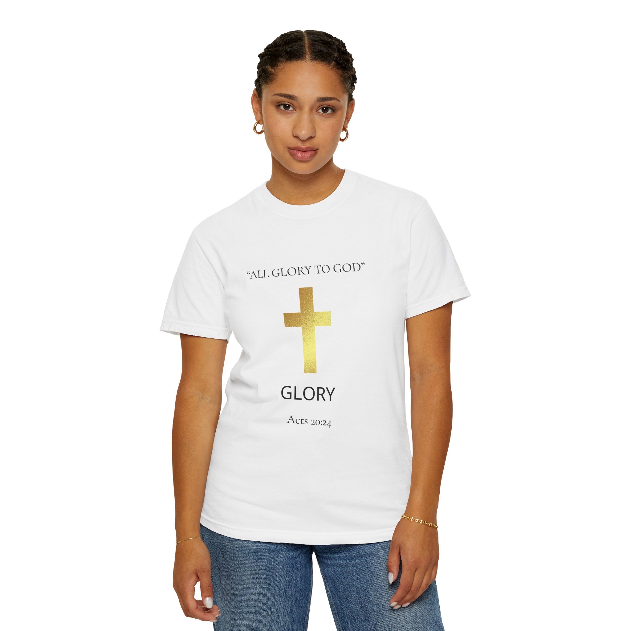 Gold Cross T-Shirt — "All Glory to God" Inspirational Scripture Tee (Acts 20:24)