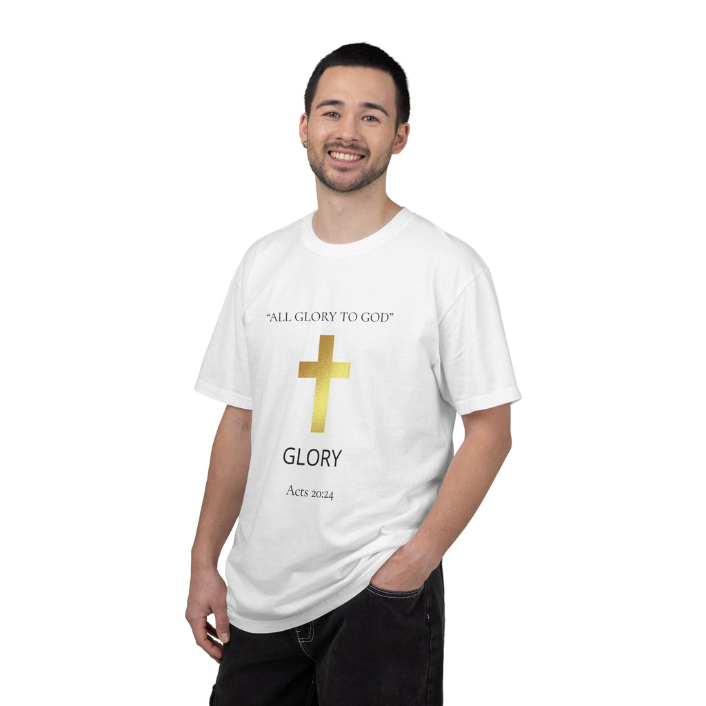 Gold Cross T-Shirt — "All Glory to God" Inspirational Scripture Tee (Acts 20:24)