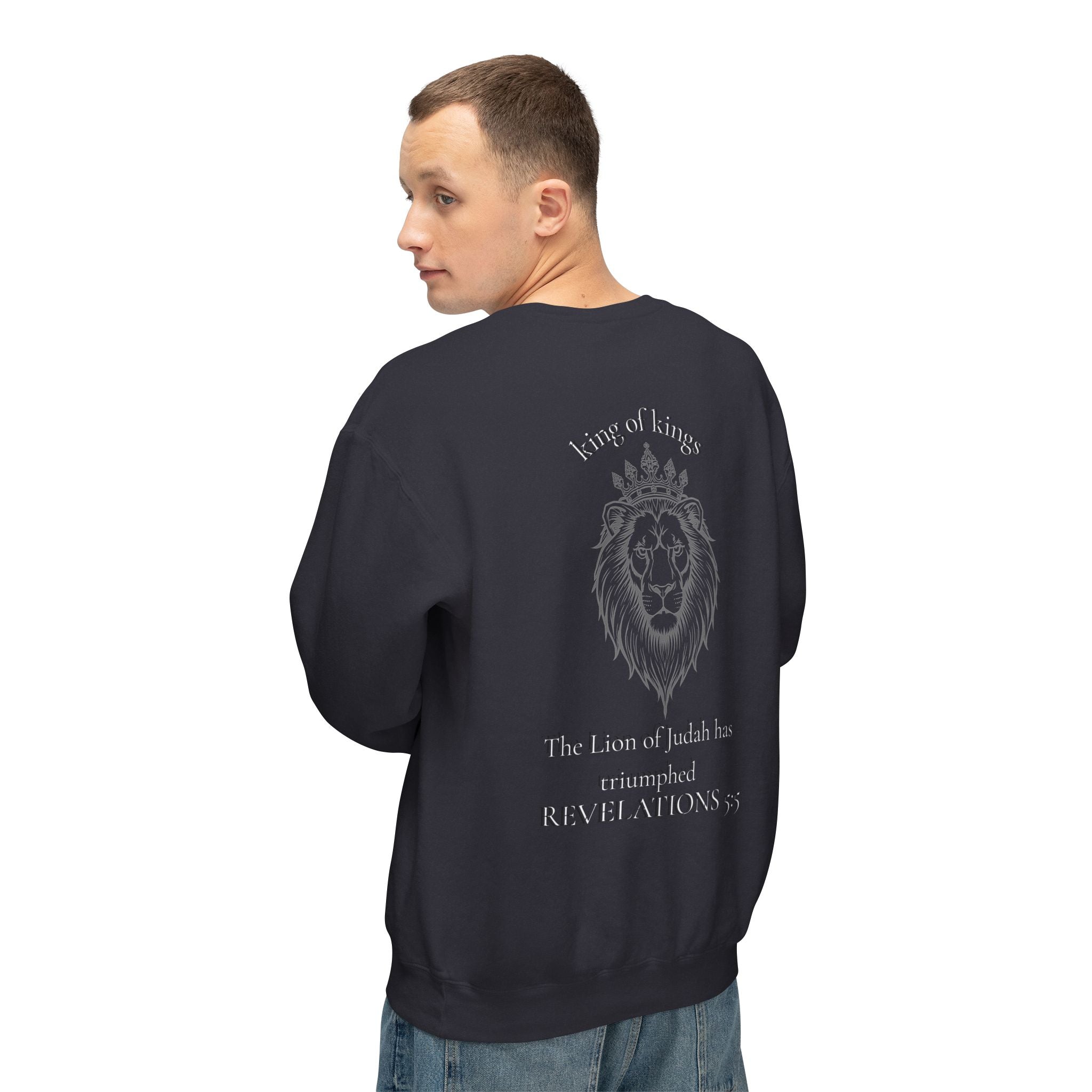 Lion Crewneck Sweatshirt — "King of Kings" Bible Verse Design