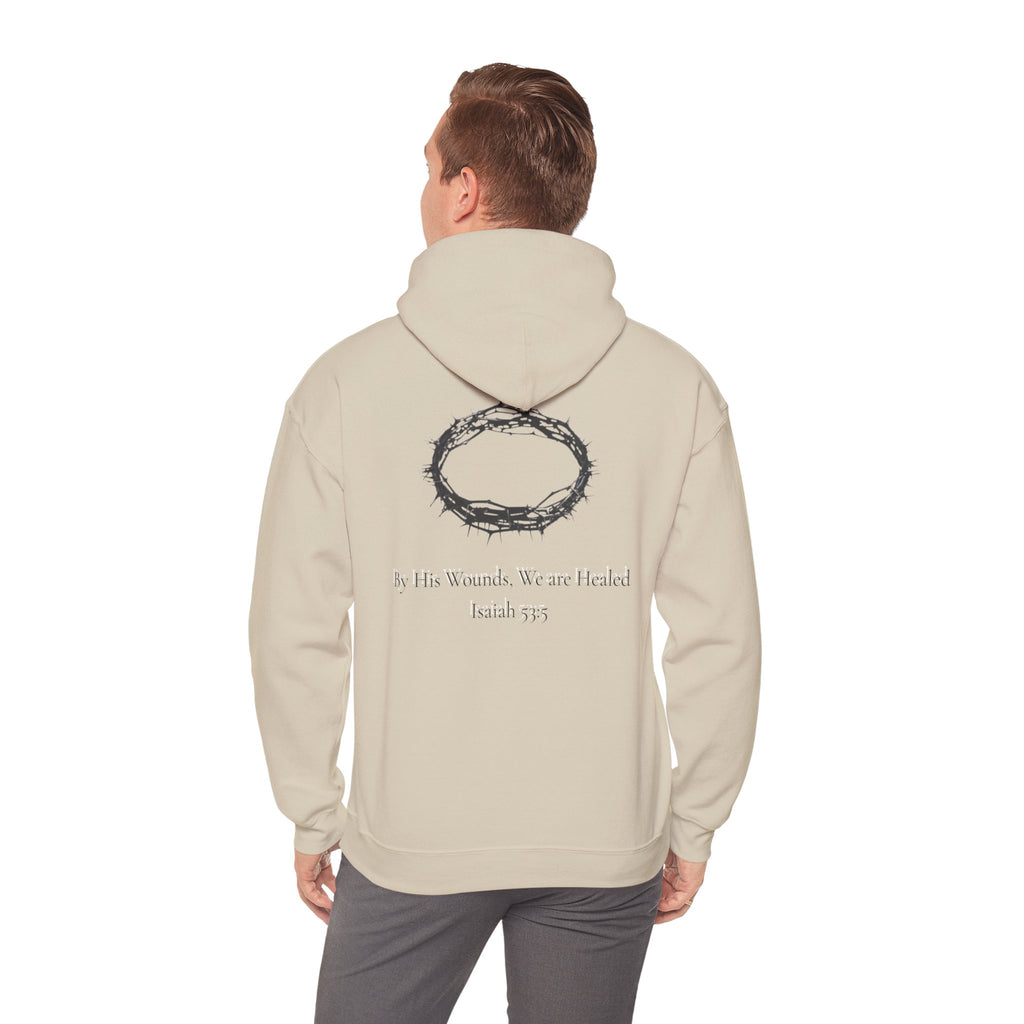 Cross Hoodie with Crown of Thorns — "By His Wounds We Are Healed" Isaiah 53:5 Religious Pullover
