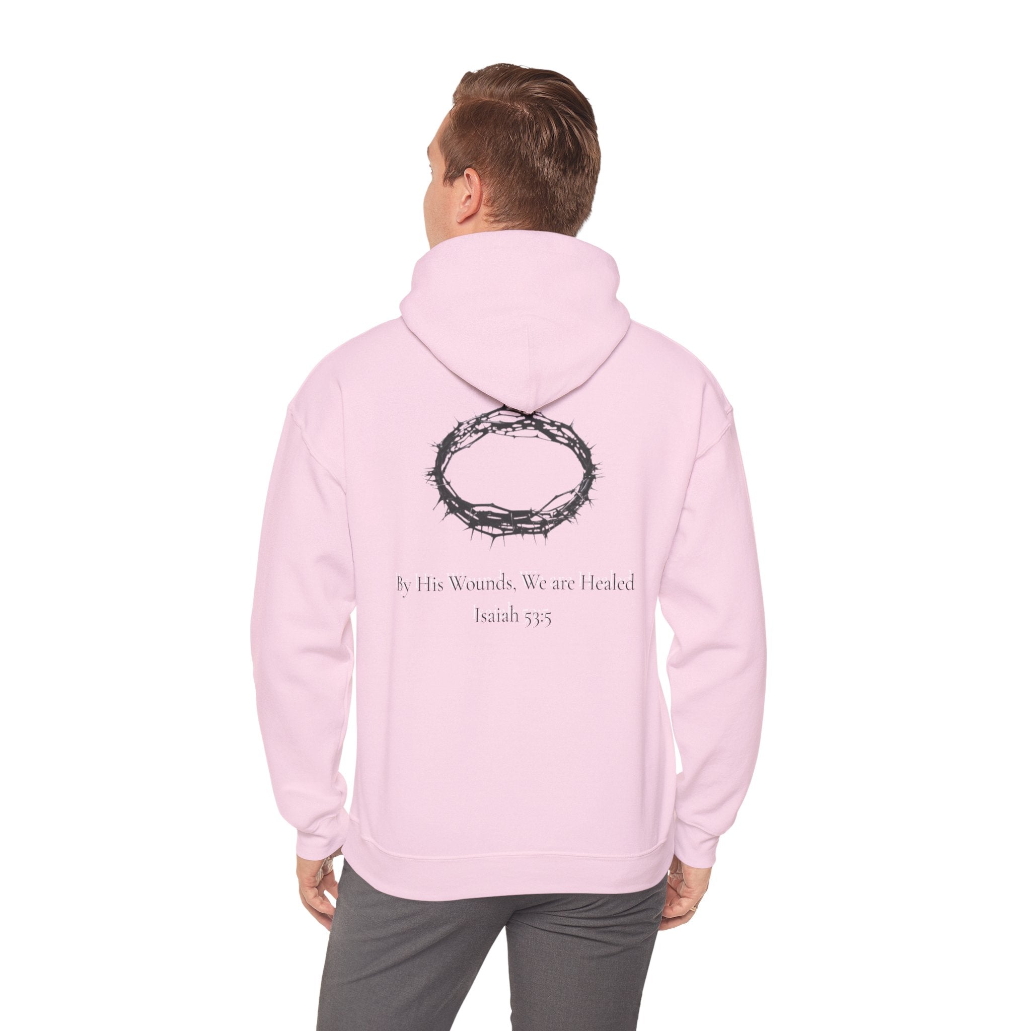 Cross Hoodie with Crown of Thorns — "By His Wounds We Are Healed" Isaiah 53:5 Religious Pullover