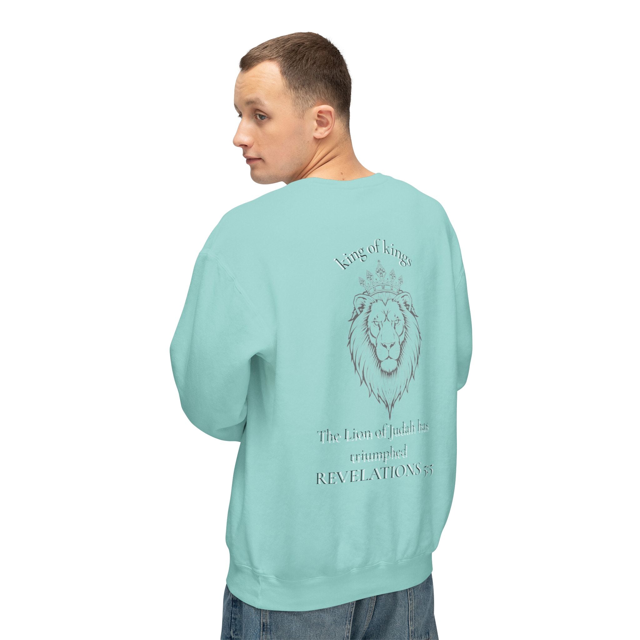 Lion Crewneck Sweatshirt — "King of Kings" Bible Verse Design