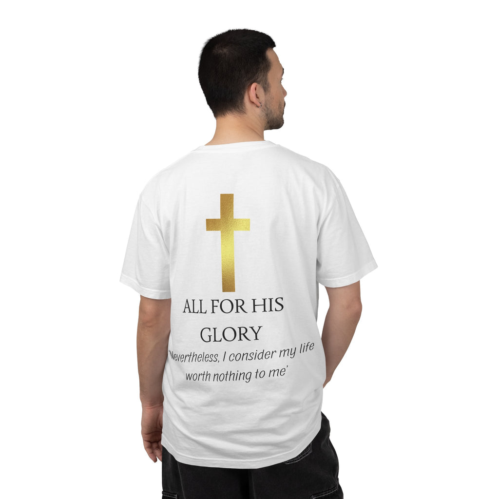 Gold Cross T-Shirt — "All Glory to God" Inspirational Scripture Tee (Acts 20:24)