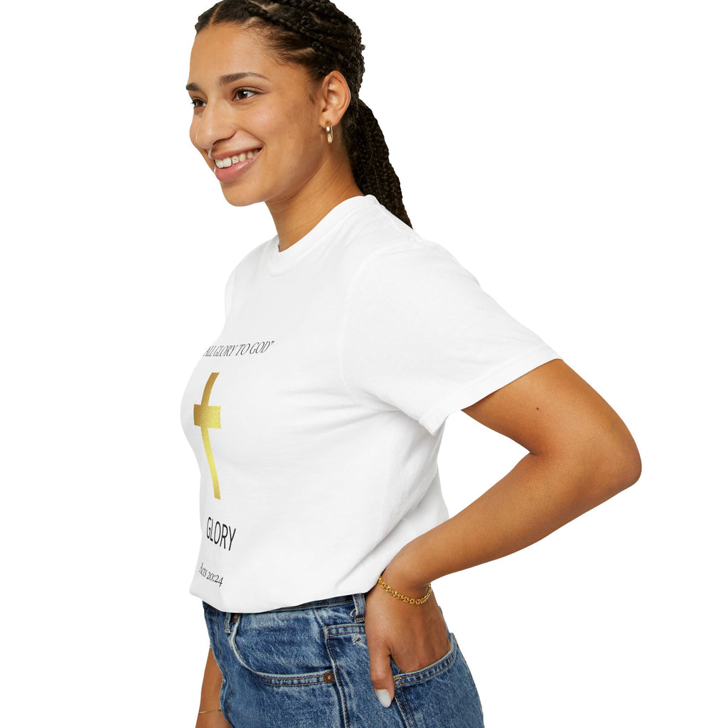 Gold Cross T-Shirt — "All Glory to God" Inspirational Scripture Tee (Acts 20:24)