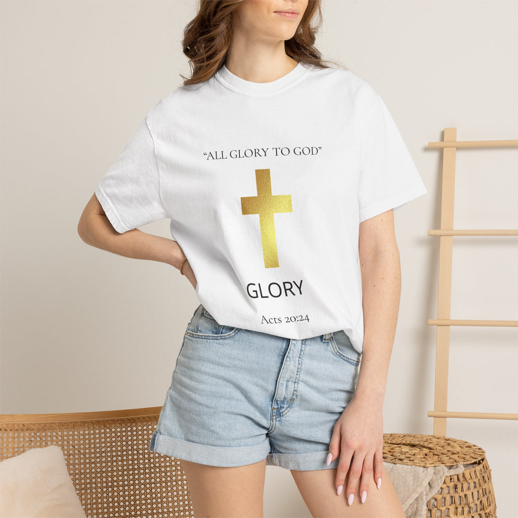 Gold Cross T-Shirt — "All Glory to God" Inspirational Scripture Tee (Acts 20:24)