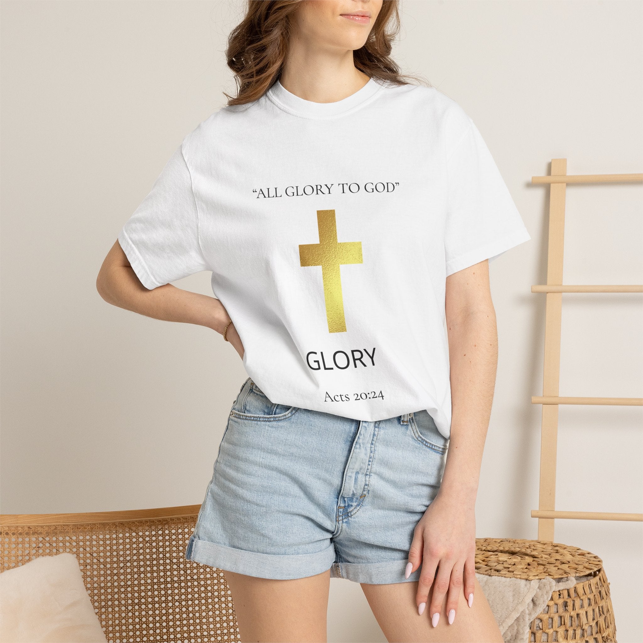 Gold Cross T-Shirt — "All Glory to God" Inspirational Scripture Tee (Acts 20:24)
