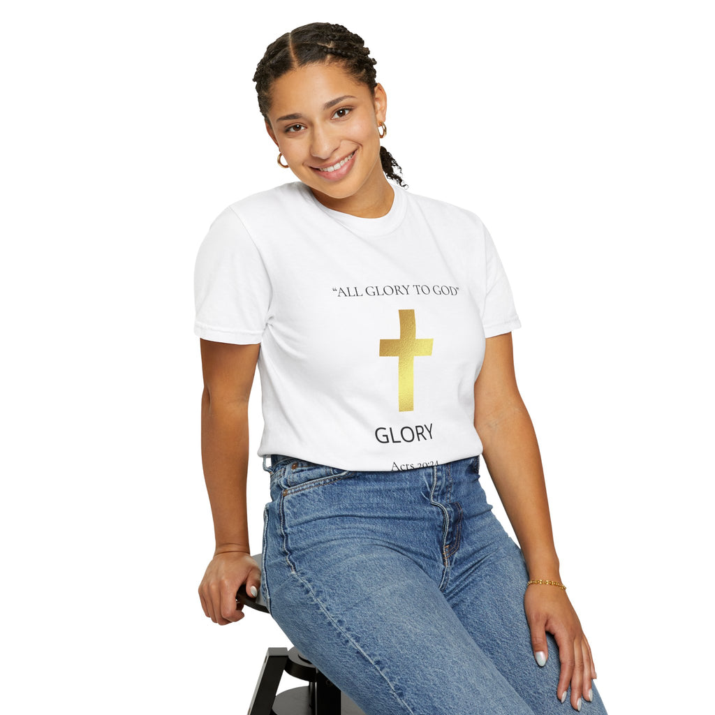 Gold Cross T-Shirt — "All Glory to God" Inspirational Scripture Tee (Acts 20:24)